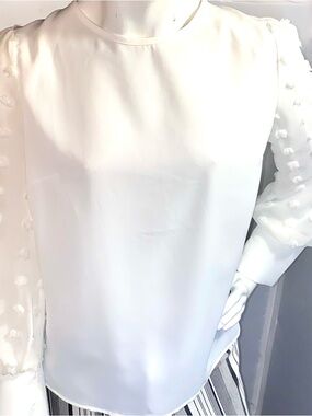 SHEIN white satin finish blouse with Swiss sheer sleeves and cuff size medium